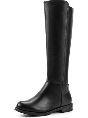 Women's Black pu Knee High Boots Flat Low Heel  with Side Zipper